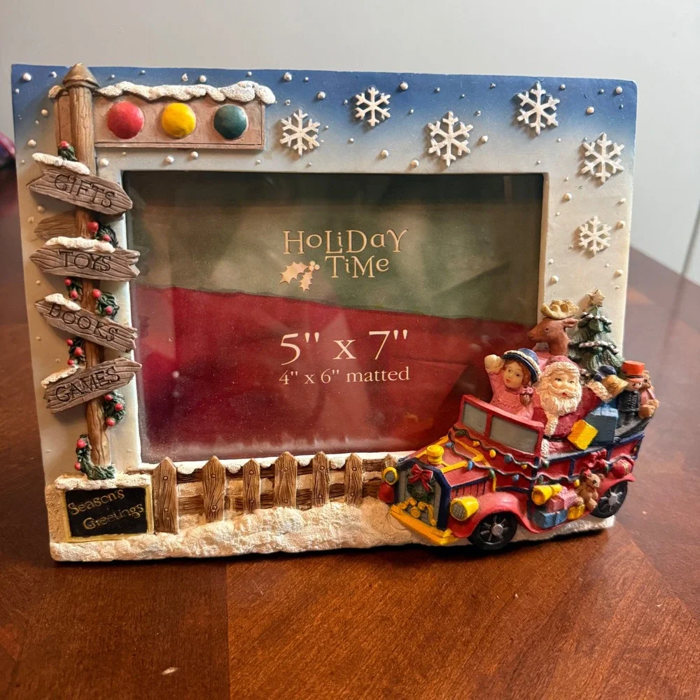 Vtg Holiday Time Christmas Santa Car 3D Resin Picture Frame 5x7 4x6